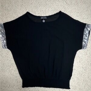 Wet Seal Black Short Sleeve Top with Silver Sequin Sleeve Accents
